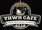 Logo of YHWH Cafe with a coffee cup and crown on a black background
